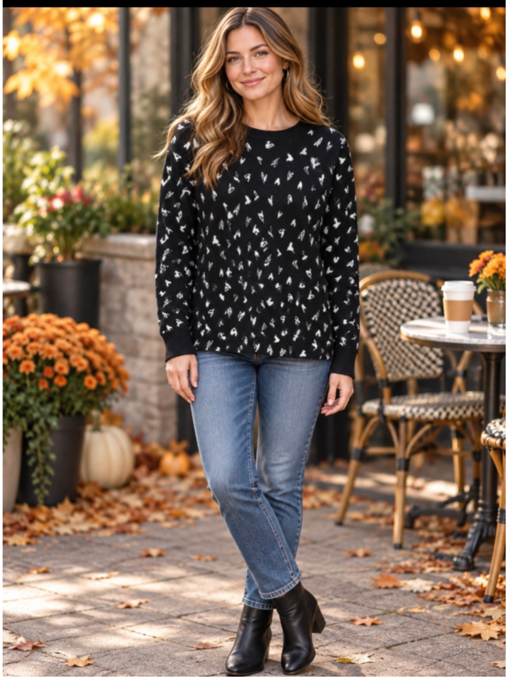 Women's LOFT Crew Neck Sweater Black White Pattern Size S